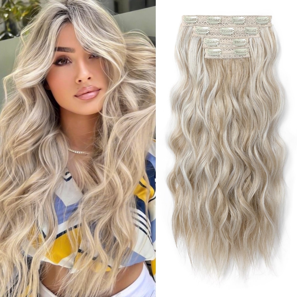 4PCS 24" Curly‎ Clip-In Hair Extensions – Ash Blonde   Soft & Natural